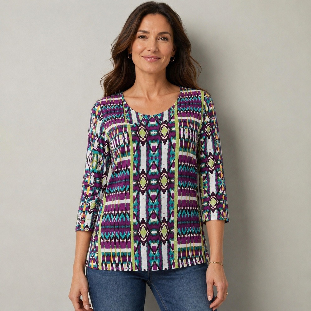 Chico's Purple Green Geometric Ikat Scoop Neck‎ 3/4 Sleeve Rayon Top Size 0 XS S